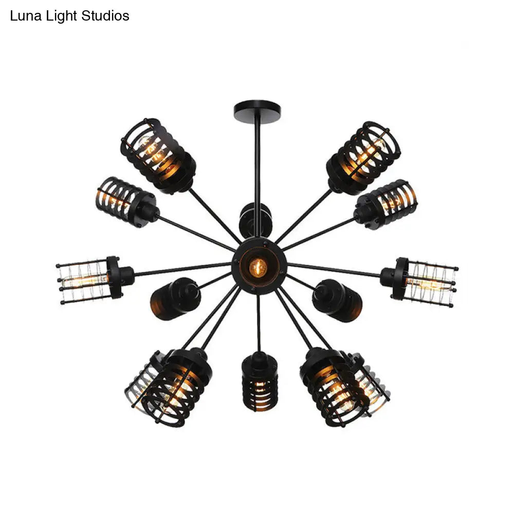 Vintage Black Chandelier Light: Starburst Metal with 9/12/15 Heads & Cylinder Frame Shade for Bedroom