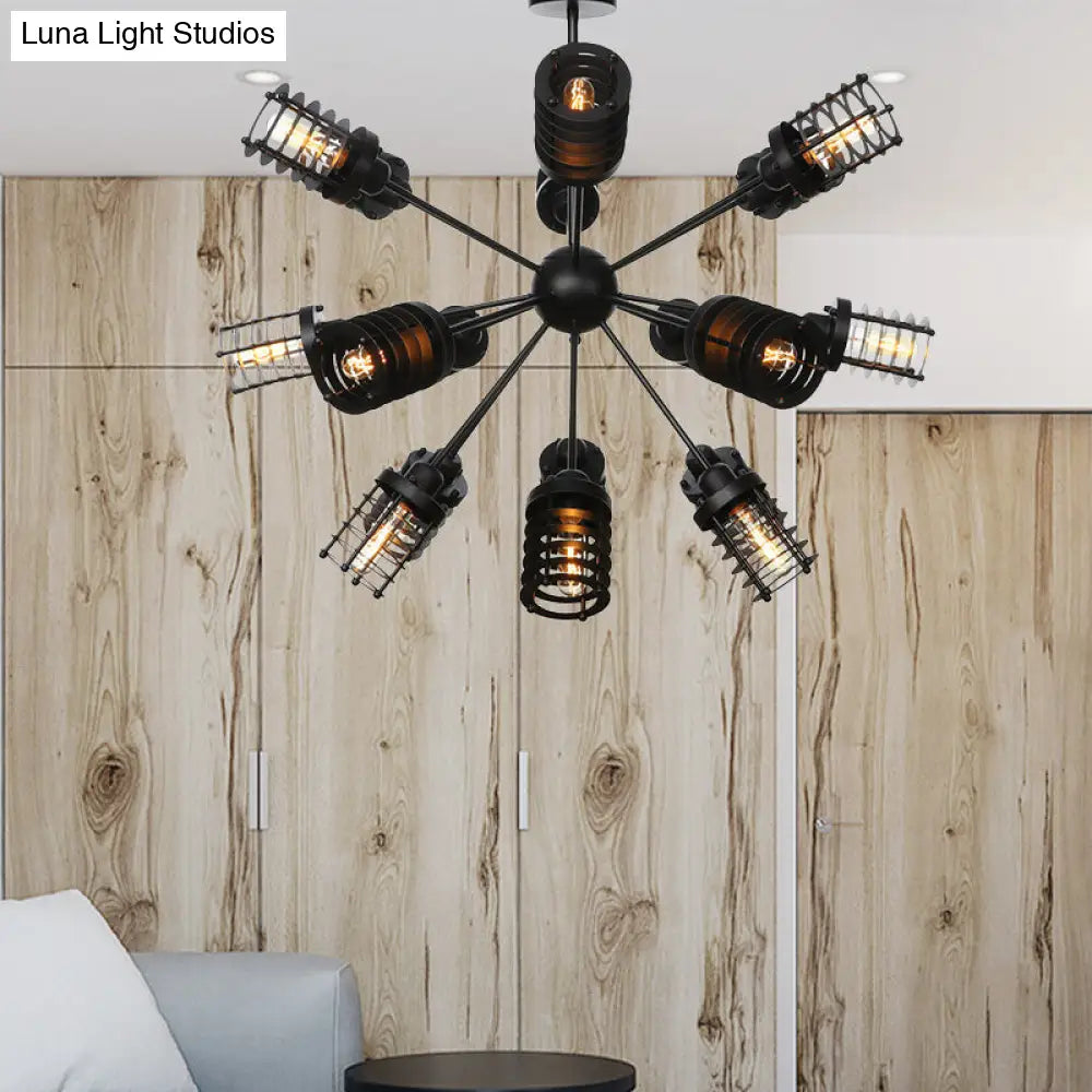 Vintage Black Chandelier Light: Starburst Metal with 9/12/15 Heads & Cylinder Frame Shade for Bedroom