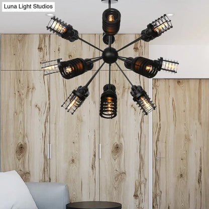Vintage Black Chandelier Light: Starburst Metal with 9/12/15 Heads & Cylinder Frame Shade for Bedroom