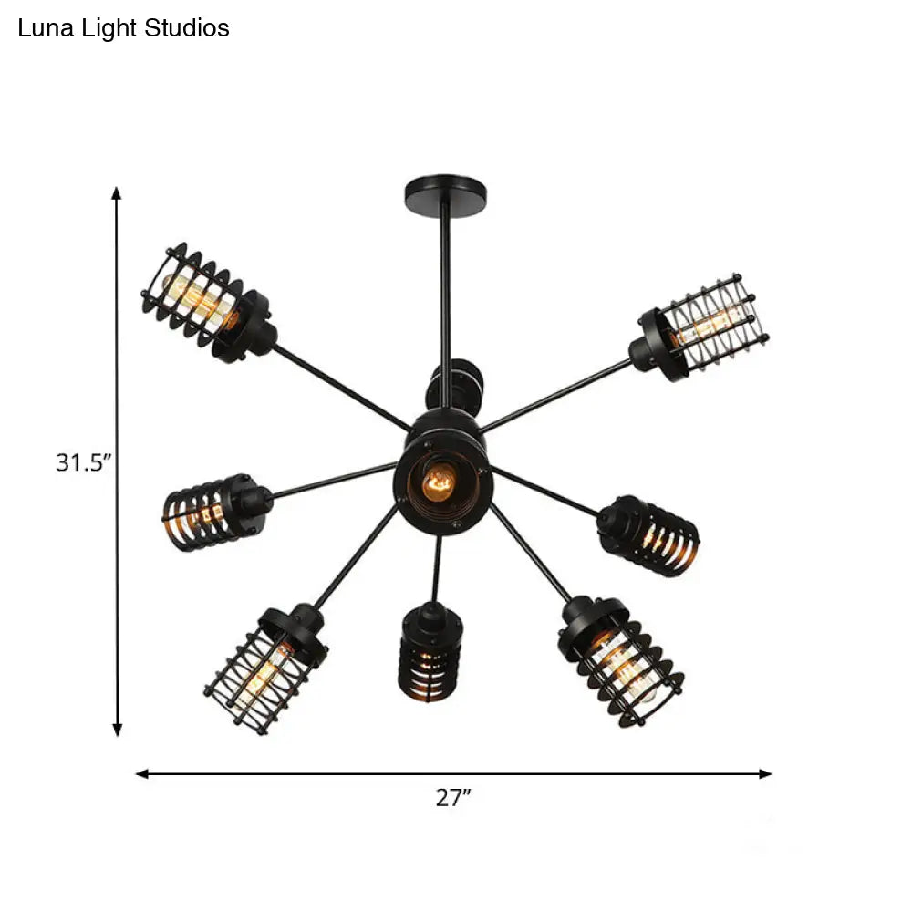 Vintage Black Chandelier Light: Starburst Metal with 9/12/15 Heads & Cylinder Frame Shade for Bedroom