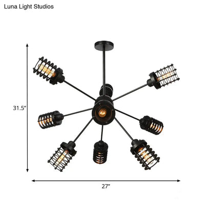 Vintage Black Chandelier Light: Starburst Metal with 9/12/15 Heads & Cylinder Frame Shade for Bedroom