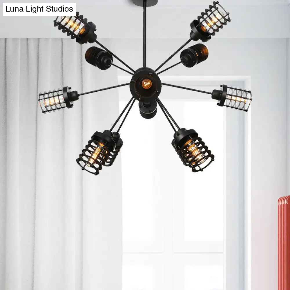 Vintage Black Chandelier Light: Starburst Metal with 9/12/15 Heads & Cylinder Frame Shade for Bedroom