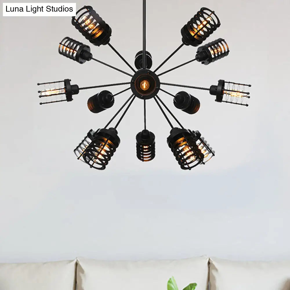 Vintage Black Chandelier Light: Starburst Metal with 9/12/15 Heads & Cylinder Frame Shade for Bedroom