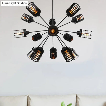Vintage Black Chandelier Light: Starburst Metal with 9/12/15 Heads & Cylinder Frame Shade for Bedroom