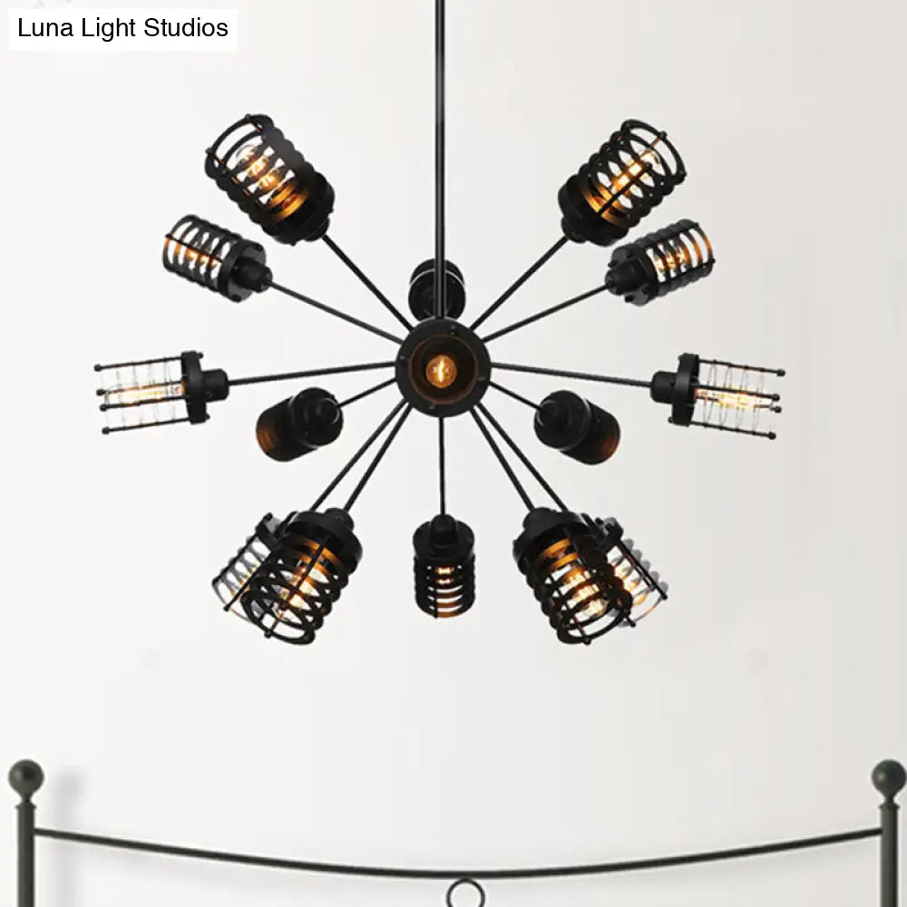 Vintage Black Chandelier Light: Starburst Metal with 9/12/15 Heads & Cylinder Frame Shade for Bedroom