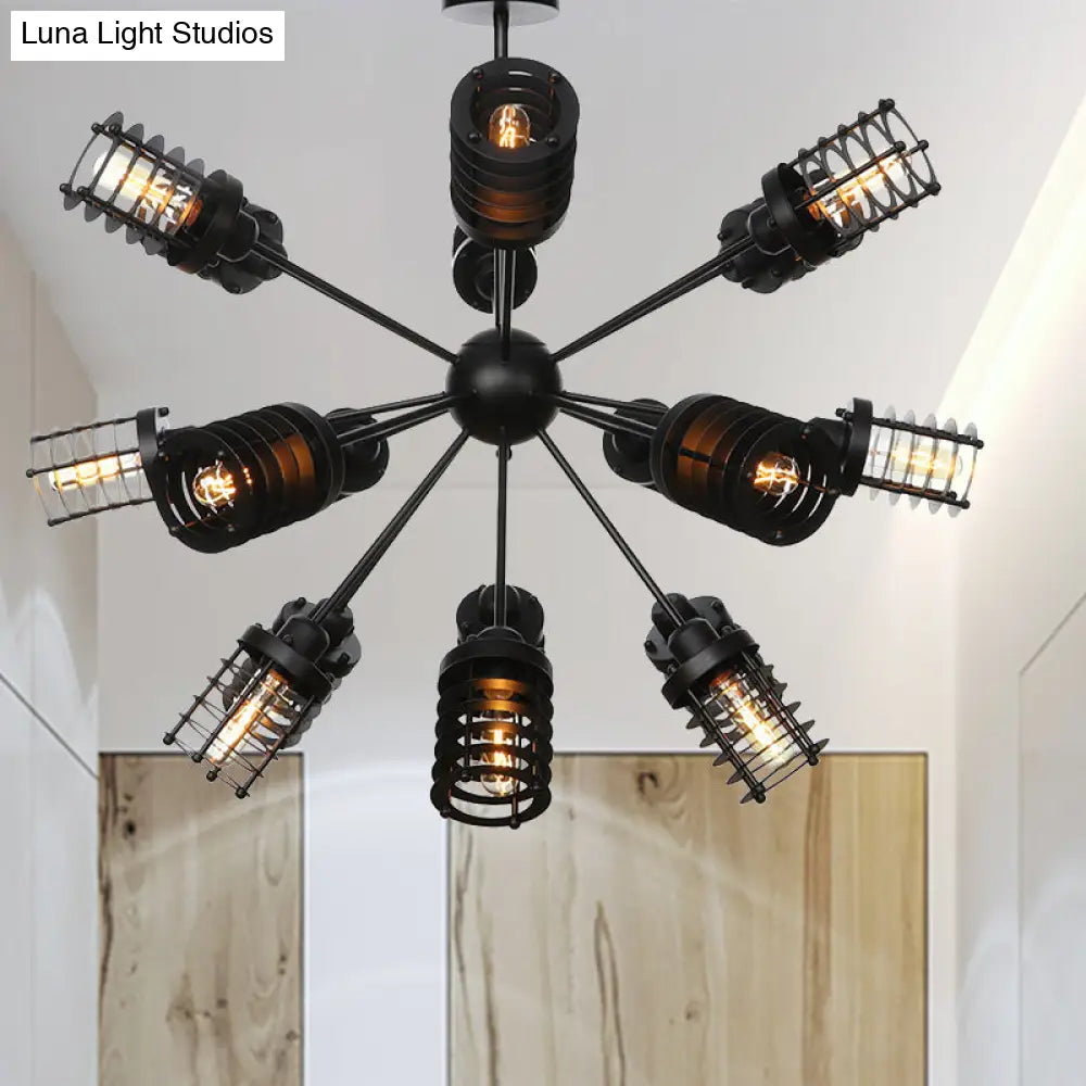 Vintage Black Chandelier Light: Starburst Metal with 9/12/15 Heads & Cylinder Frame Shade for Bedroom