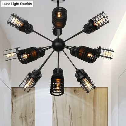 Vintage Black Chandelier Light: Starburst Metal with 9/12/15 Heads & Cylinder Frame Shade for Bedroom