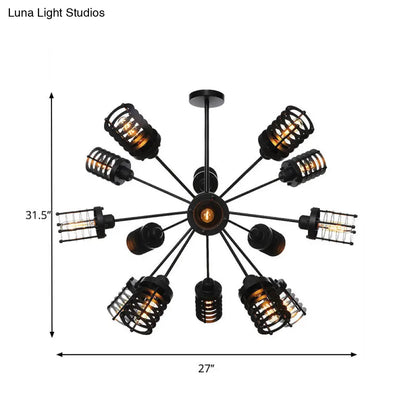Vintage Black Chandelier Light: Starburst Metal with 9/12/15 Heads & Cylinder Frame Shade for Bedroom