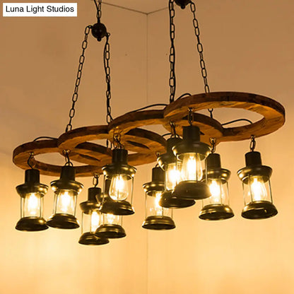 Vintage Black Chandelier Pendant Lamp with Clear Glass Lantern and Wooden Shelf - 10 Lights