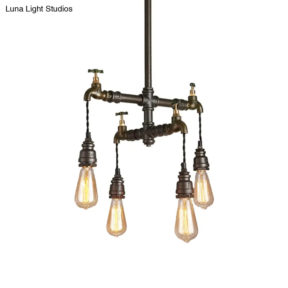 Vintage Black Chandelier Pendant Light with Exposed Bulbs - 2/4/6 Lights