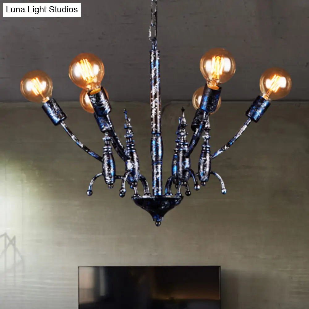 Vintage Black Chandelier with 6 Exposed Bulbs - Metal Pendant Lamp with Sputnik Shade