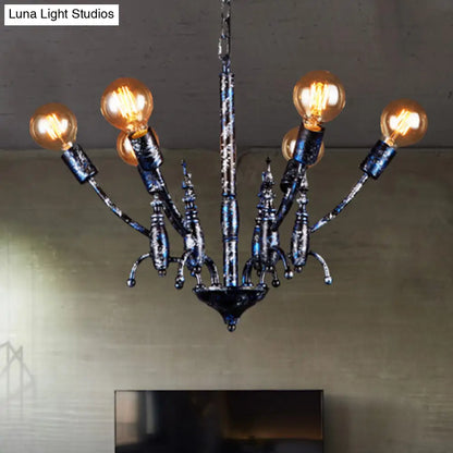 Vintage Black Chandelier with 6 Exposed Bulbs - Metal Pendant Lamp with Sputnik Shade