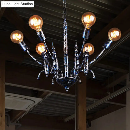 Vintage Black Chandelier with 6 Exposed Bulbs - Metal Pendant Lamp with Sputnik Shade