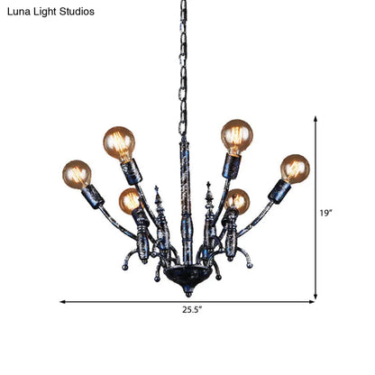 Vintage Black Chandelier with 6 Exposed Bulbs - Metal Pendant Lamp with Sputnik Shade