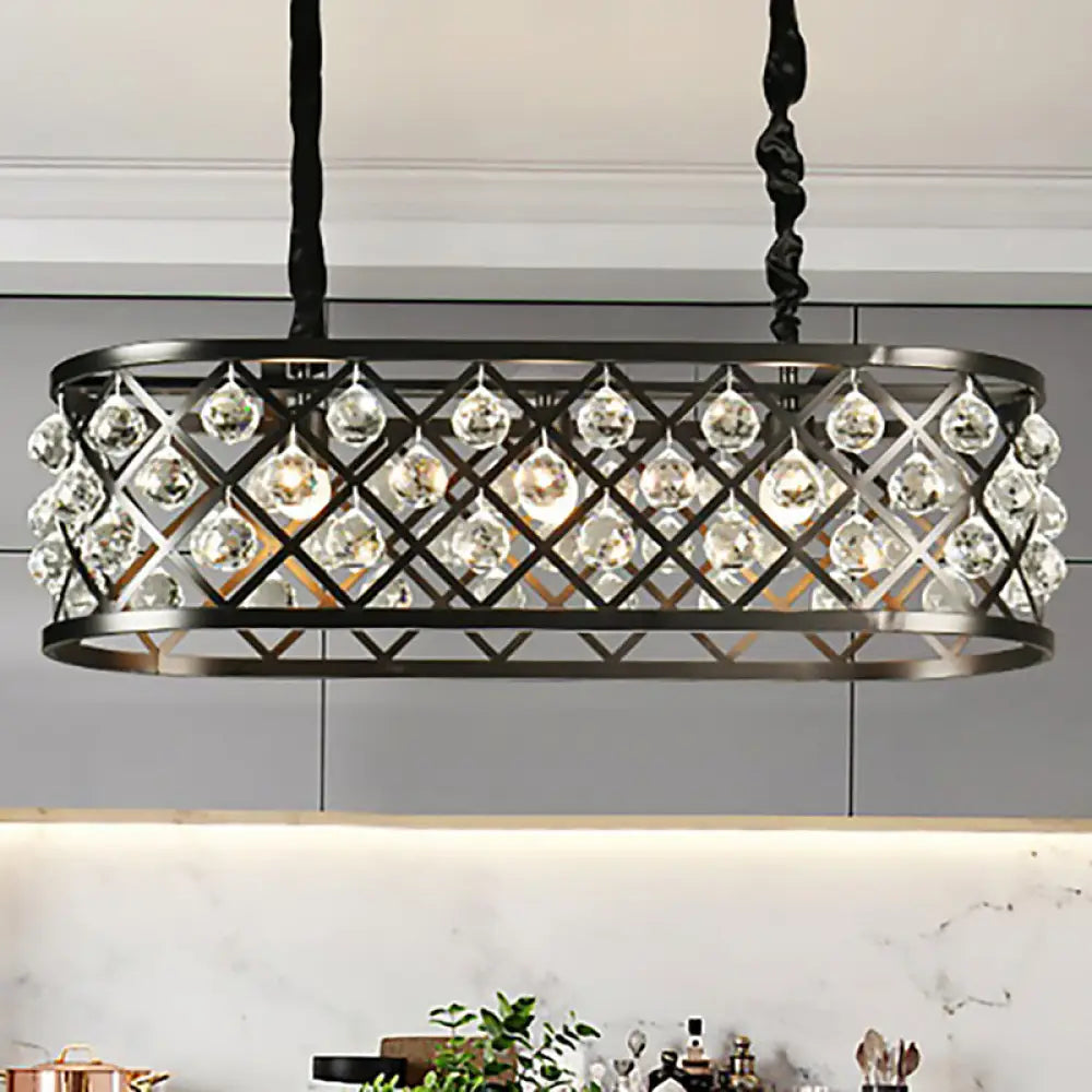 Vintage Black Chandelier with Oval Crystal and Metal Shade - 3-Light Dining Room Ceiling Lamp