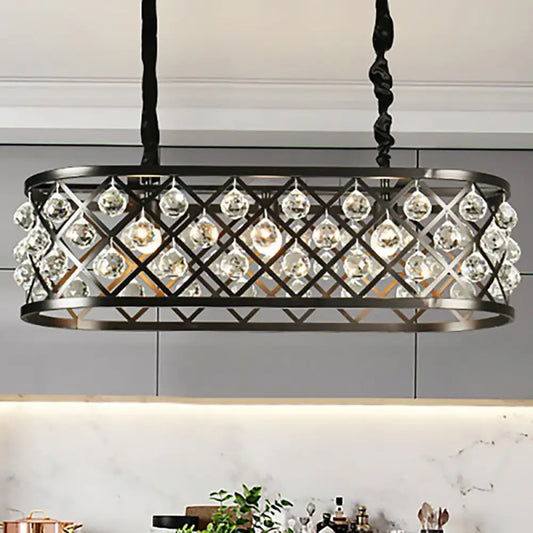 Vintage Black Chandelier with Oval Crystal and Metal Shade - 3-Light Dining Room Ceiling Lamp