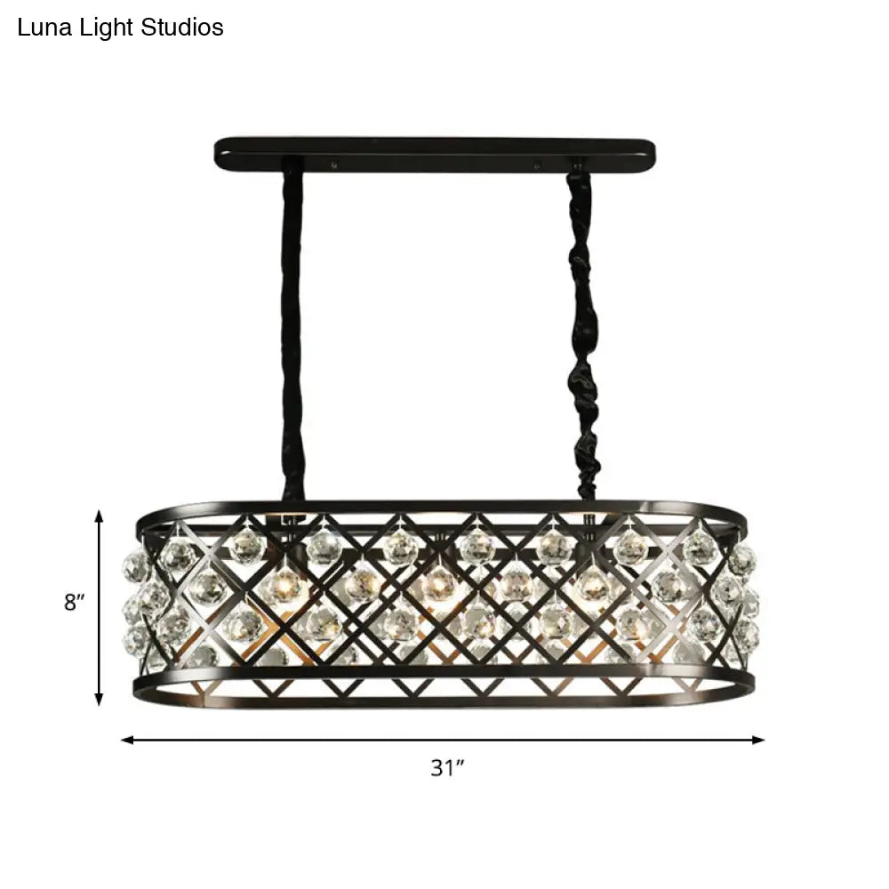Vintage Black Chandelier with Oval Crystal and Metal Shade - 3-Light Dining Room Ceiling Lamp