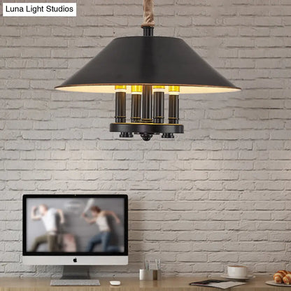 Vintage Black Cone Shade Chandelier with 4 Lights - Metal Pendant Lamp for Dining Room