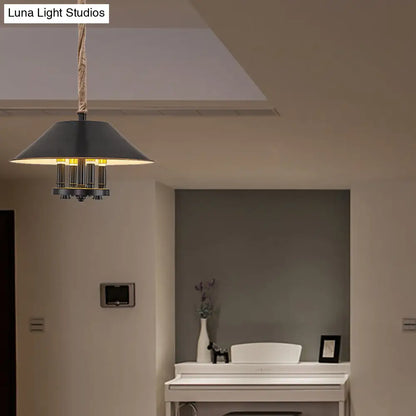Vintage Black Cone Shade Chandelier with 4 Lights - Metal Pendant Lamp for Dining Room