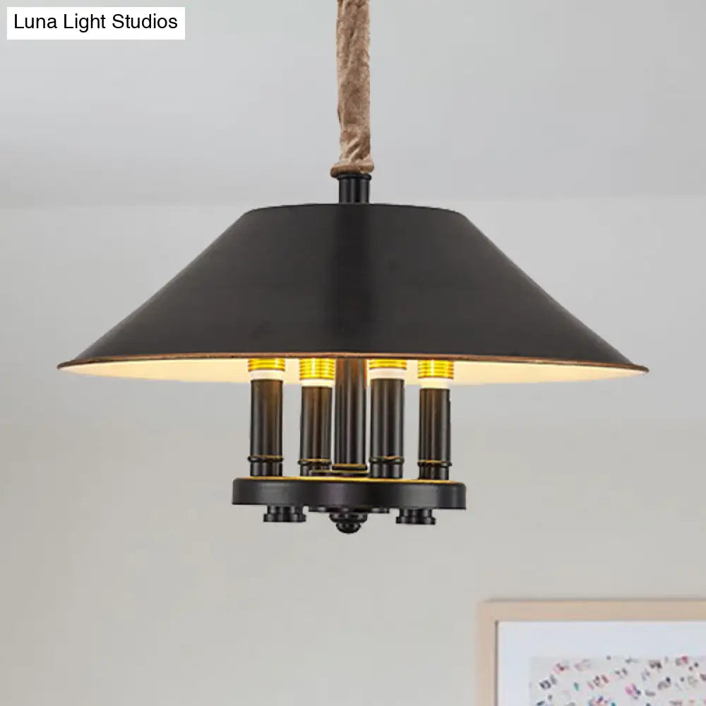 Vintage Black Cone Shade Chandelier with 4 Lights - Metal Pendant Lamp for Dining Room