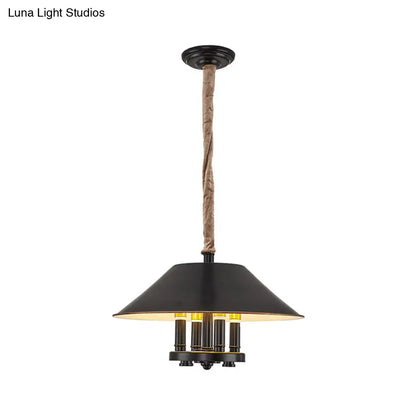 Vintage Black Cone Shade Chandelier with 4 Lights - Metal Pendant Lamp for Dining Room