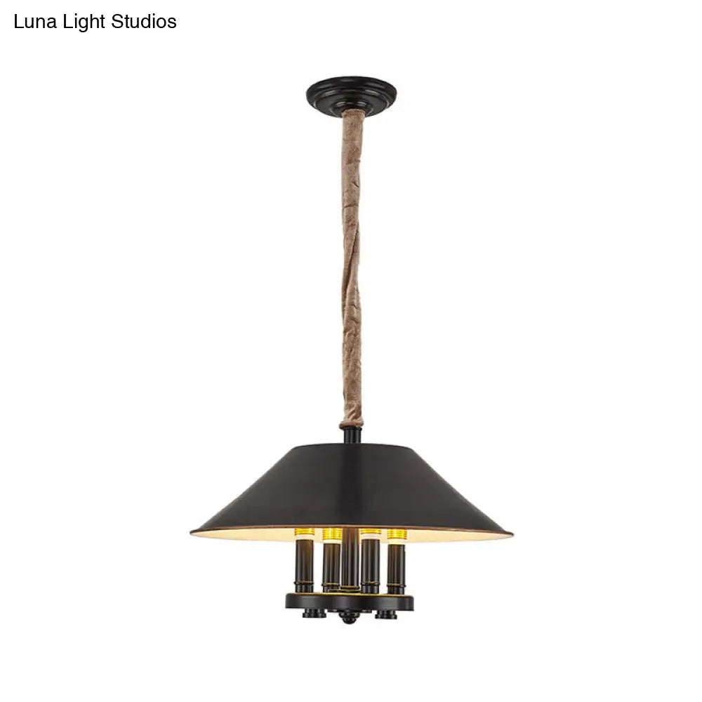 Vintage Black Cone Shade Chandelier with 4 Lights - Metal Pendant Lamp for Dining Room