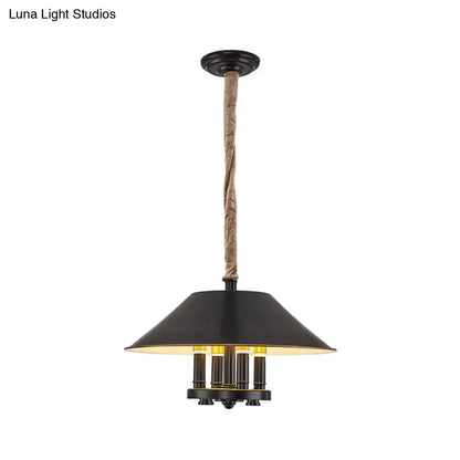Vintage Black Cone Shade Chandelier with 4 Lights - Metal Pendant Lamp for Dining Room
