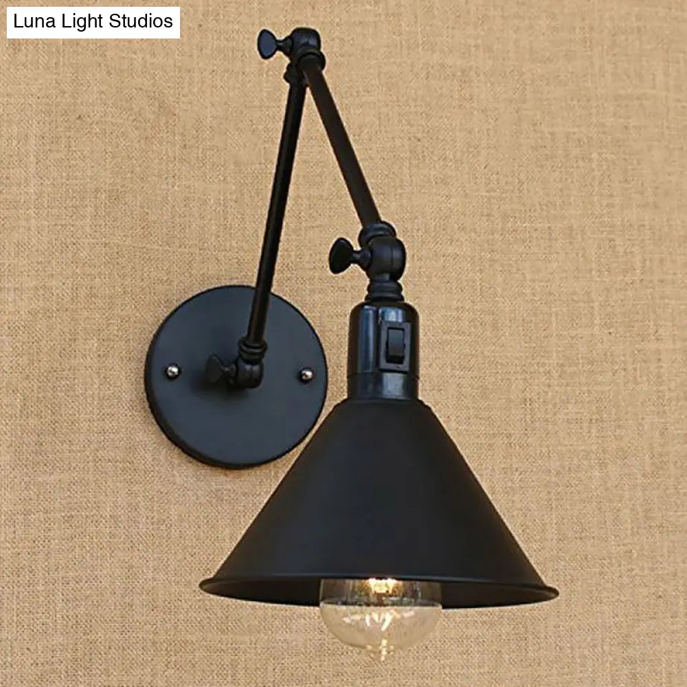 Vintage Black Cone Wall Lamp Kit with Swing Arm & On/Off Button for Bedroom - Iron 1/2-Head Mount Fixture