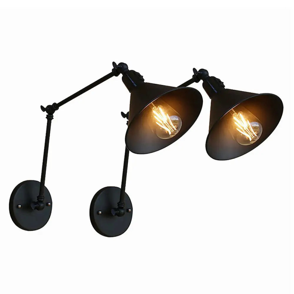 Vintage Black Cone Wall Lamp Kit with Swing Arm & On/Off Button for Bedroom - Iron 1/2-Head Mount Fixture