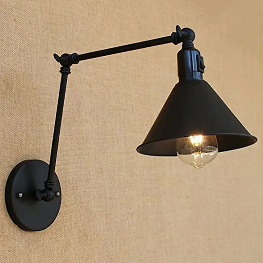Vintage Black Cone Wall Lamp Kit with Swing Arm & On/Off Button for Bedroom - Iron 1/2-Head Mount Fixture