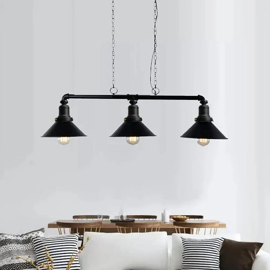 Vintage Black Conical Island Light Fixture - 3-Light Metal Pendant for Dining Room