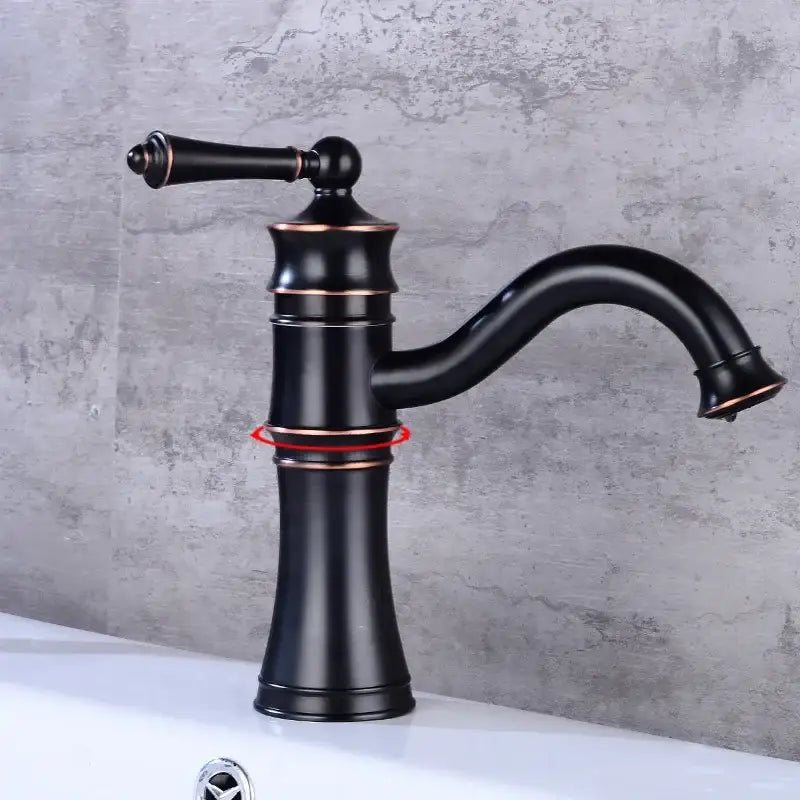 Vintage black and copper high arch basin faucet with single handle and black matte finish for bathroom use