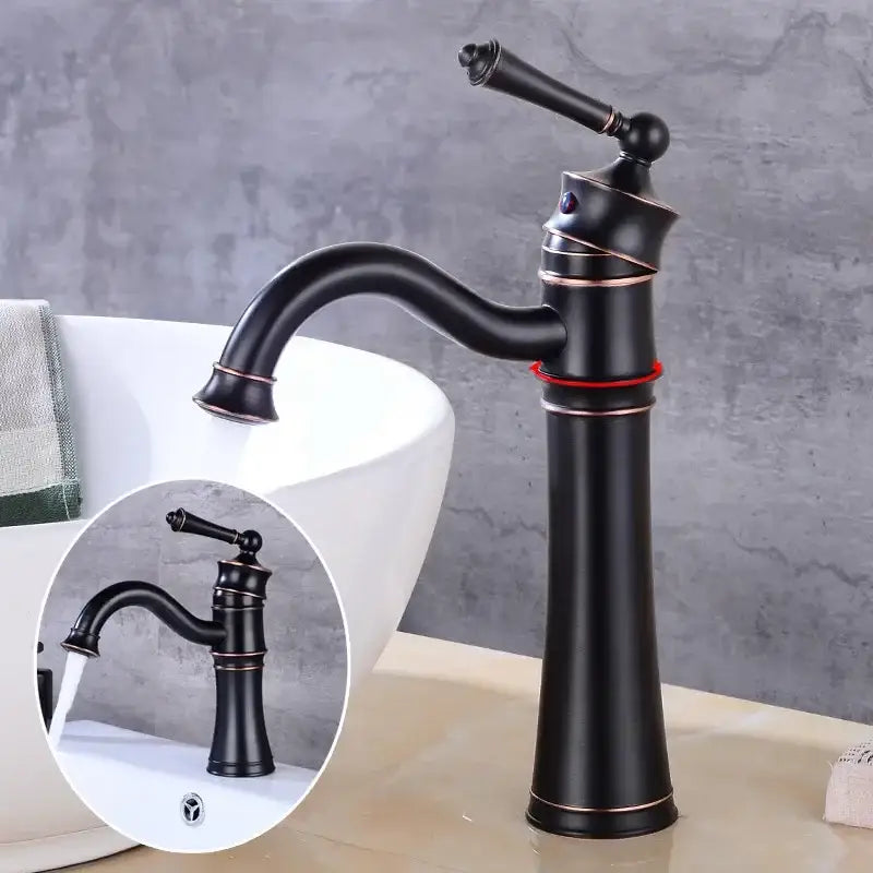 Vintage black and copper high arch basin faucet with single handle and curved spout in elegant matte finish design