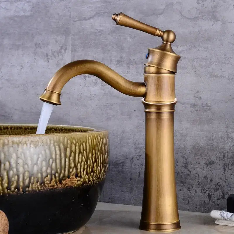Antique brass finished vintage black and copper high arch single handle basin faucet with curved spout and decorative body