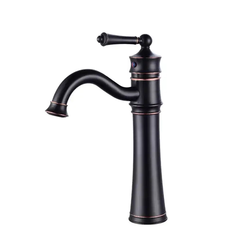 Vintage black and copper high arch basin faucet single handle featuring matte finish and ornate curved spout design