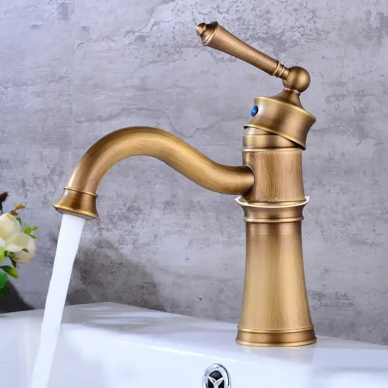 Antique brass finished vintage black and copper high arch single handle basin faucet with curved spout and ridged base