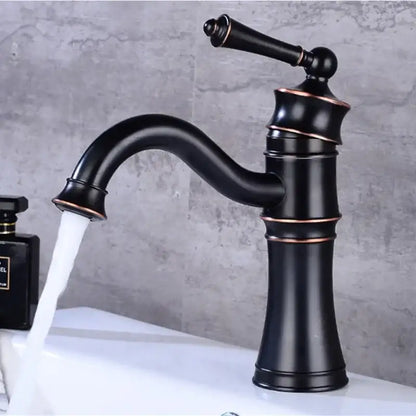 Vintage black and copper high arch basin faucet with single handle and matte finish for elegant bathroom use