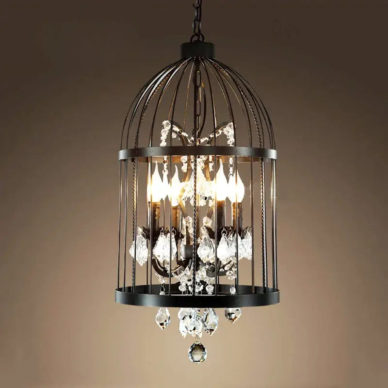 Vintage black crystal bird cage pendant light featuring wrought iron and crystal droplets for elegant decorbites crystal bird decor