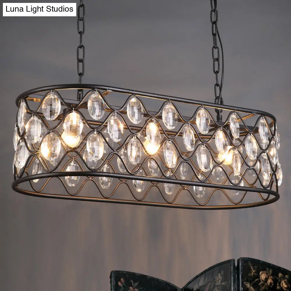 Vintage Black Crystal Drip Oval Hanging Light - 3 Heads Island Light for Dining Room