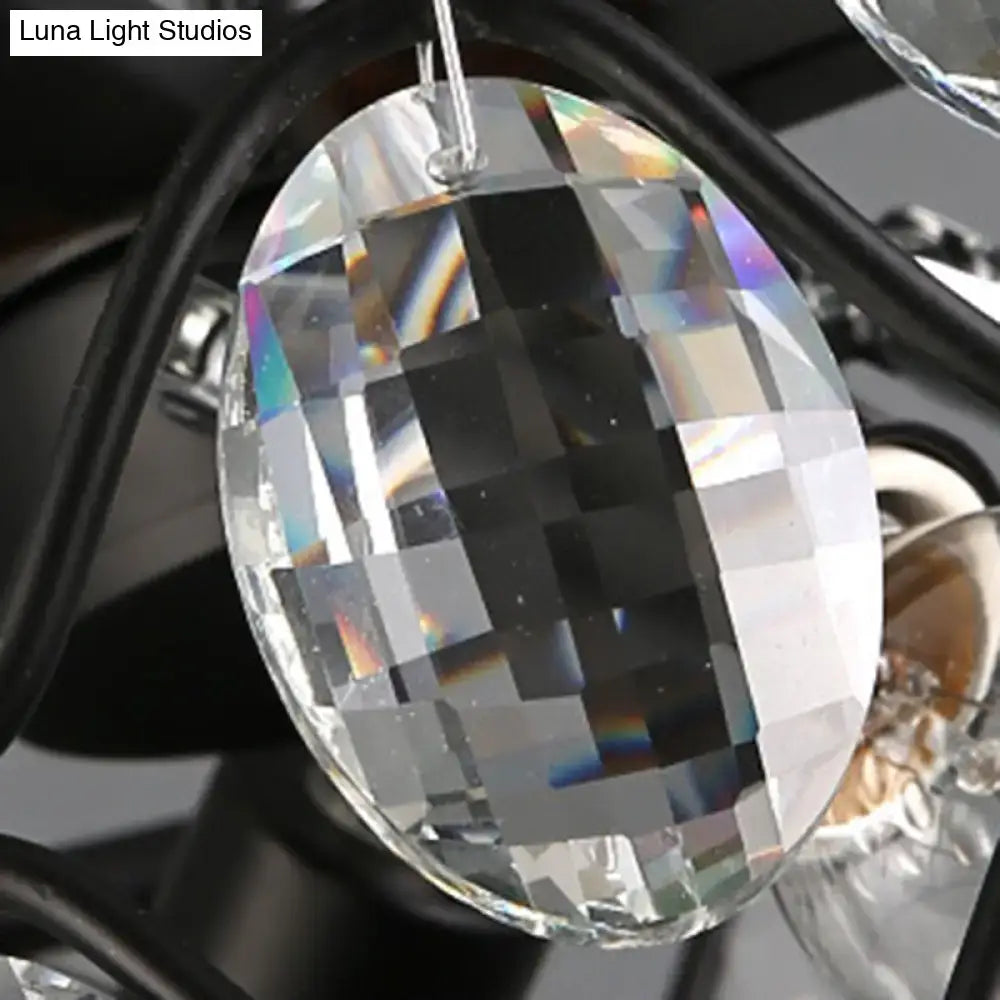 Clear faceted crystal pendant with grid pattern on vintage black crystal oval hanging light for dining room
