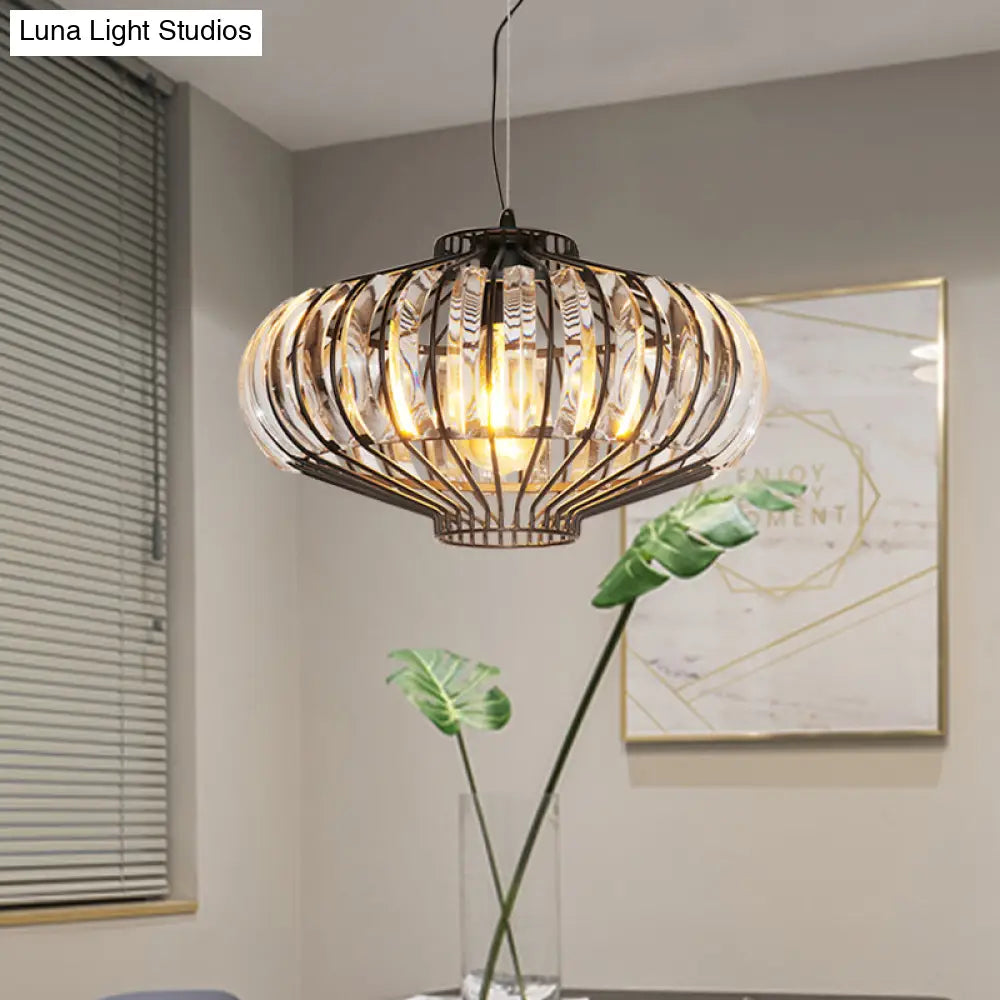 Vintage Black Crystal Pendant Ceiling Lamp with Lantern-Shaped Shade