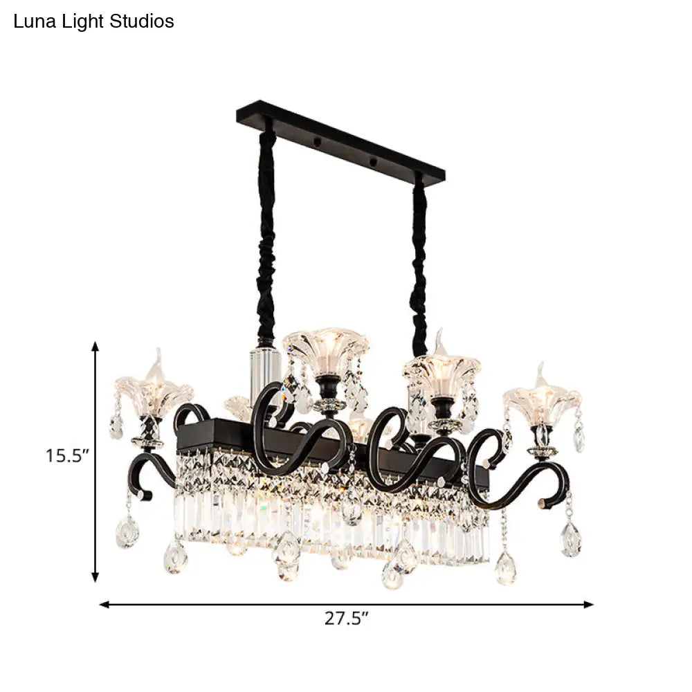 Vintage Black Crystal Prism Island Pendant Lamp - 9 Lights with Flared Suspension and Scroll Arm