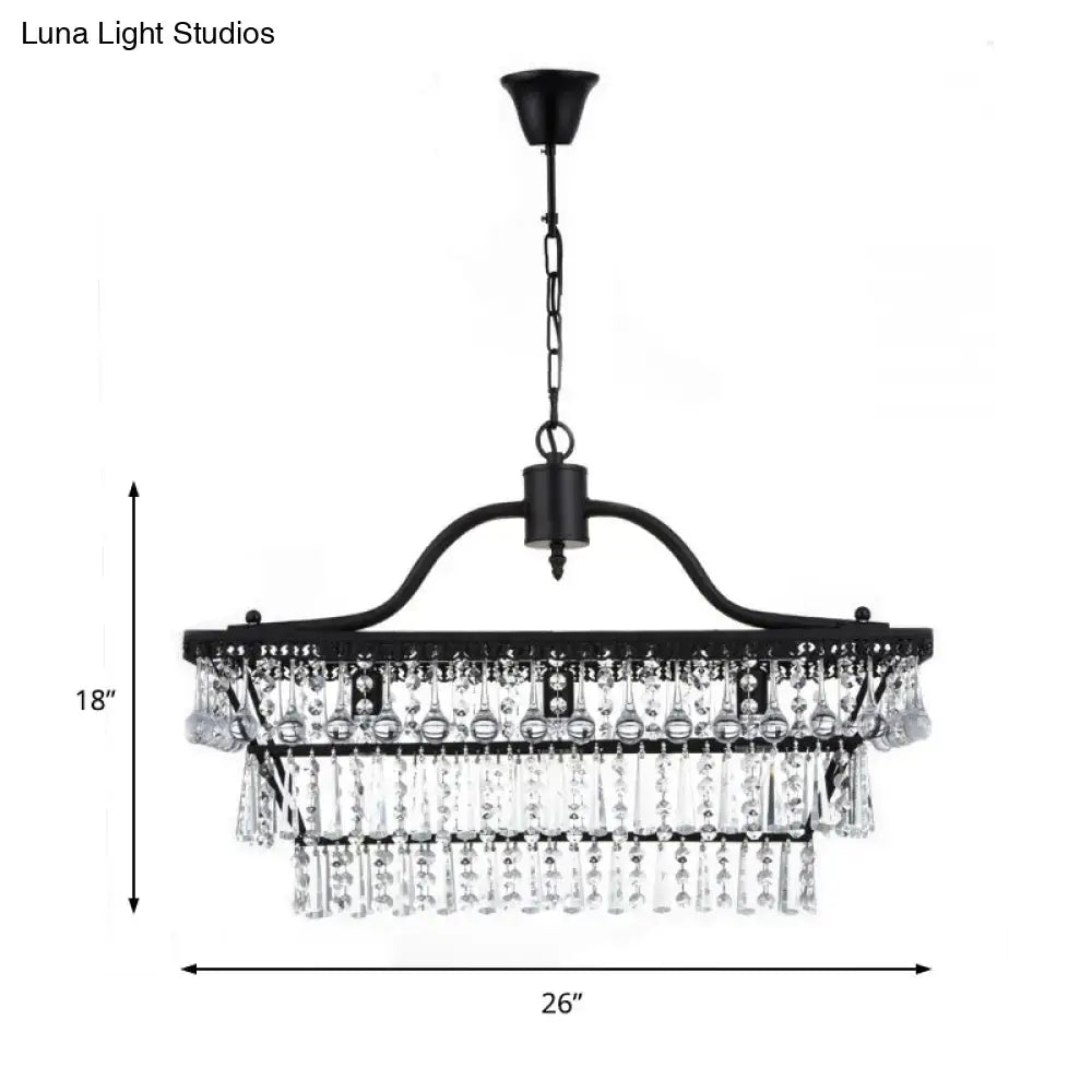 DecorBites™ vintage crystal shade black chandelier with wrought iron frame and 3-tier hanging ceiling light droplets