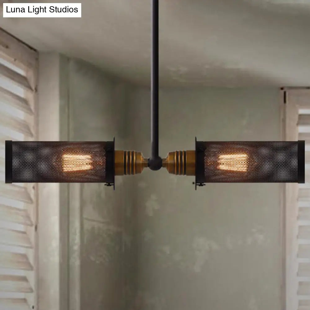 Vintage Black Cylinder Chandelier Lamp: Mesh Shade, Iron Frame, 2-Light Pendant