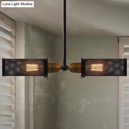 Vintage Black Cylinder Chandelier Lamp: Mesh Shade, Iron Frame, 2-Light Pendant