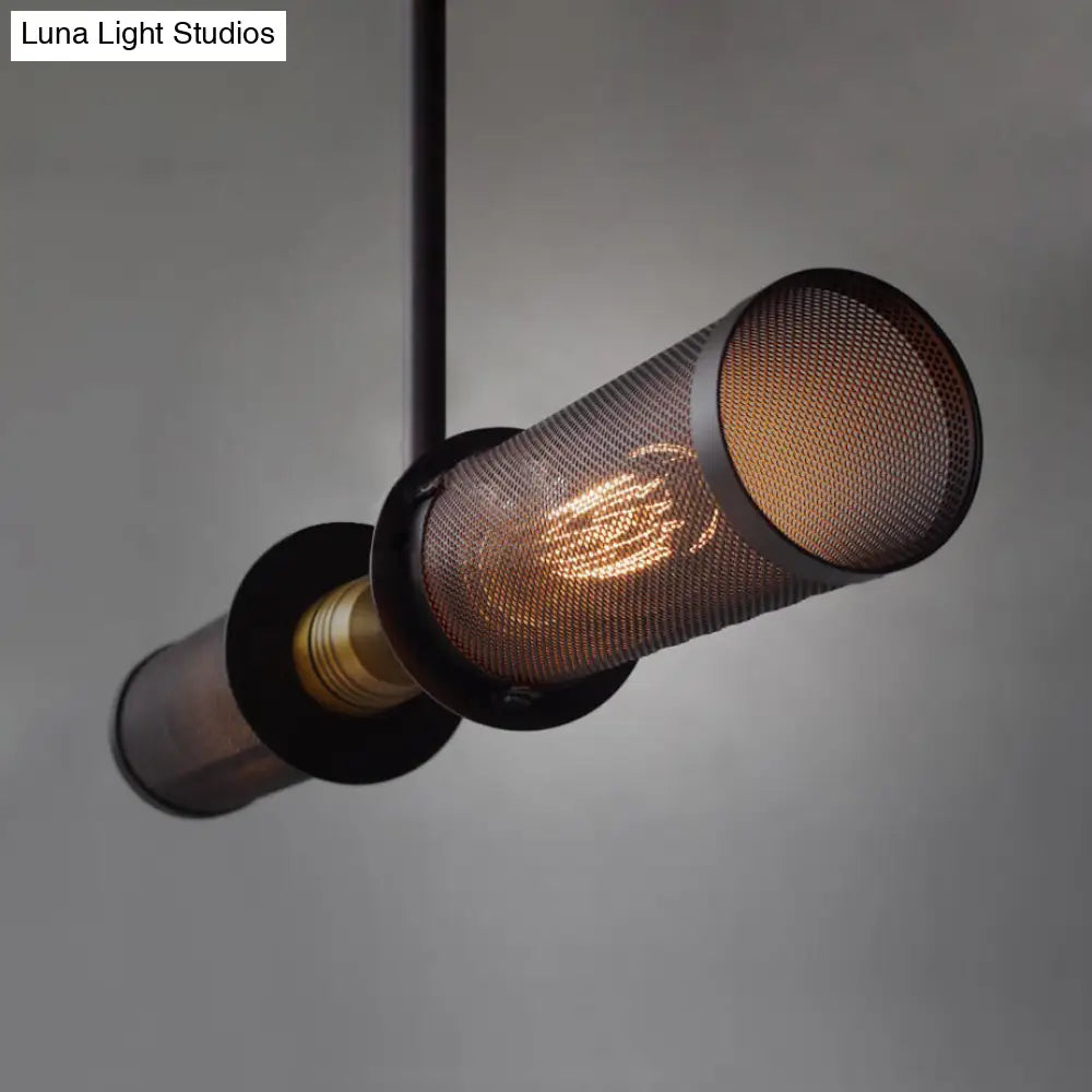 Vintage Black Cylinder Chandelier Lamp: Mesh Shade, Iron Frame, 2-Light Pendant
