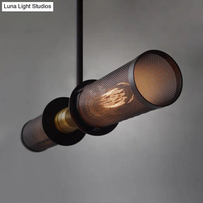 Vintage Black Cylinder Chandelier Lamp: Mesh Shade, Iron Frame, 2-Light Pendant
