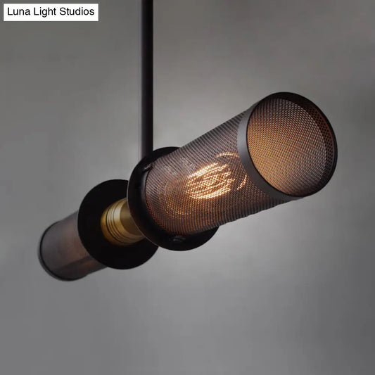 Vintage Black Cylinder Chandelier Lamp: Mesh Shade, Iron Frame, 2-Light Pendant
