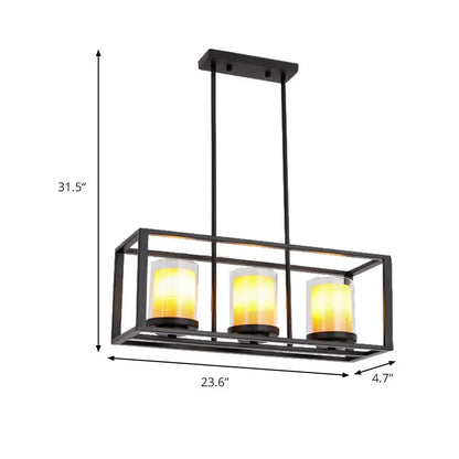 Black metal cylinder pendant light with three amber glass candle bulbs for vintage dining room lighting