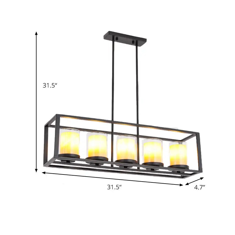 Vintage black metal cylinder pendant light with five warm yellow glass candle-style bulbs for dining room use